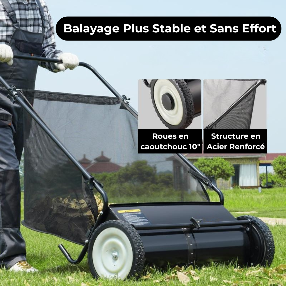 LeafMaster – Balayeuse à Gazon avec Bac à Grande Capacité